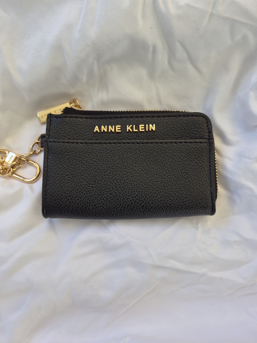 Anne Klein Black Pebbled Leather Keychain Card Pouch with Gold Logo